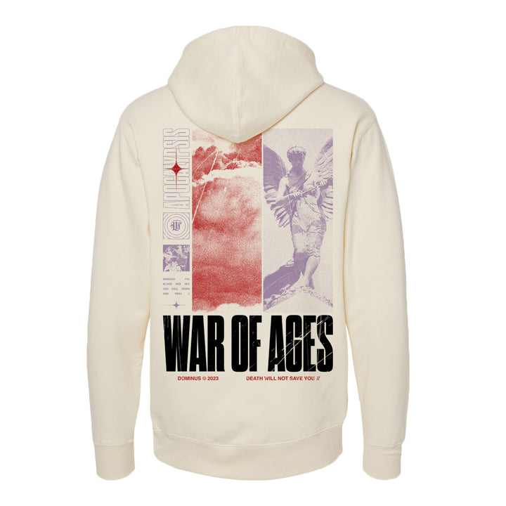 image of the back of a bone colored pullover hoodie on a white background. hoodie  has a full back print with words and clouds and an angel. at the bottom says war of ages