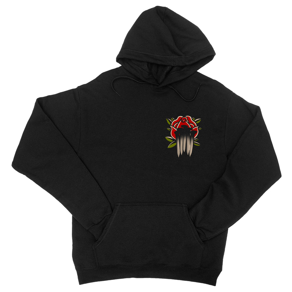 The Gideon black hoodie features a front pocket and a vibrant embroidered red rose with green leaves and three white claw marks on the left chest.