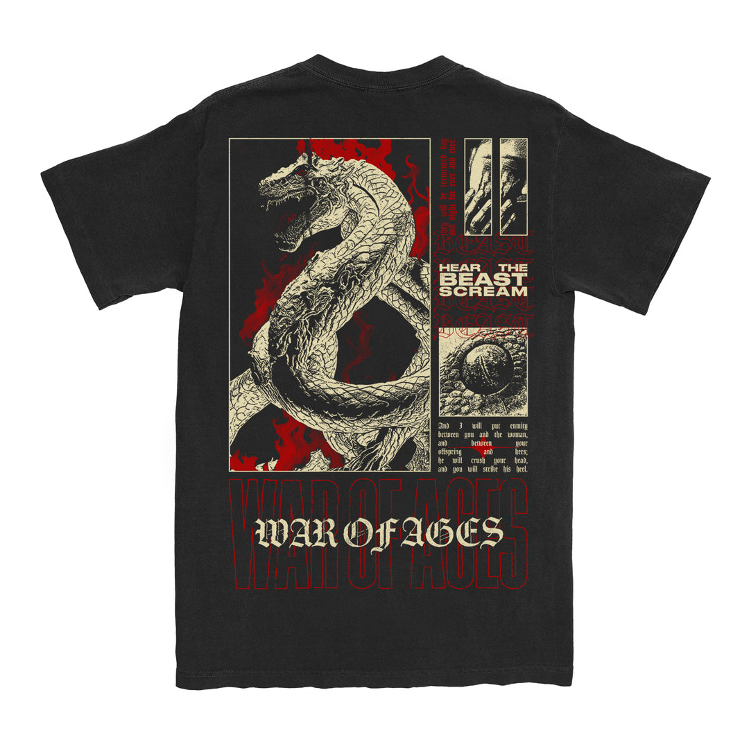 image of the back of a black tee shirt on a white background. tee has a full back print of a snake beast creature. across the bottom says war of ages in cream and a larger red outline text that also says war of ages