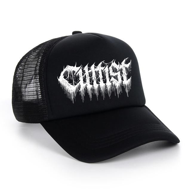 A Cultist black trucker hat featuring a mesh back and the word CURSED in jagged white letters on the front panel.