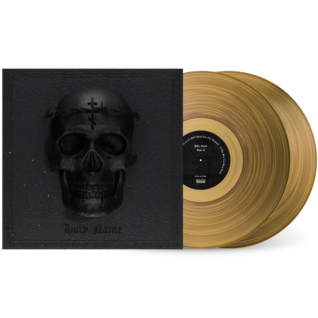 HolyName Self Titled vinyl lp. album art depicts a skull with a barbwire crown and the holy name symbol pressed into the forehead. the vinyl color is Black Ice.
