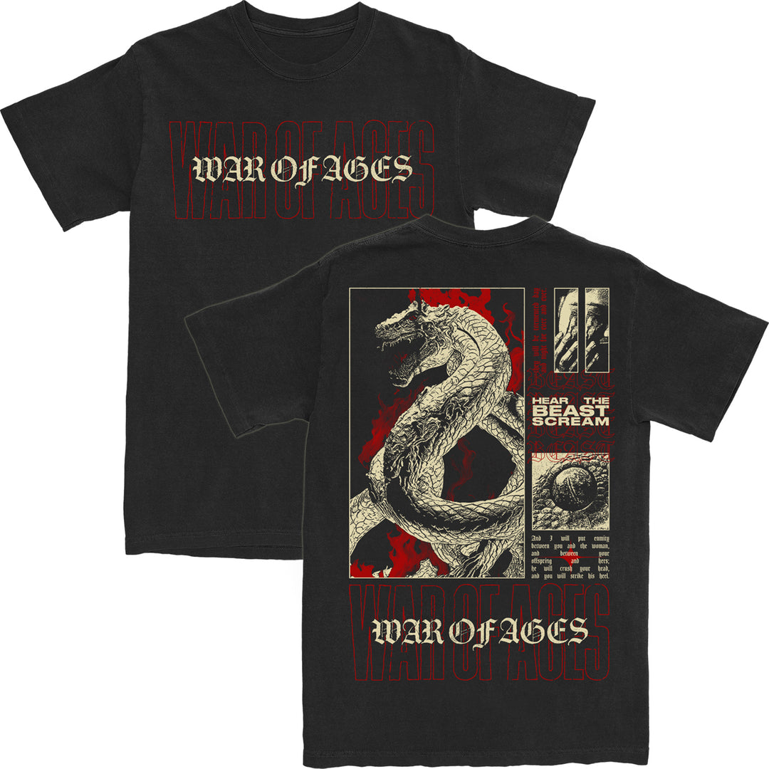 image of the front and back of a black tee shirt on a white background. front is on the right and has a center chest print that in cream that says war of ages. behind in an outlined red larger text says war of ages. back is on the right and has a full back print of a snake beast creature. across the bottom says war of ages in cream and a larger red outline text that also says war of ages