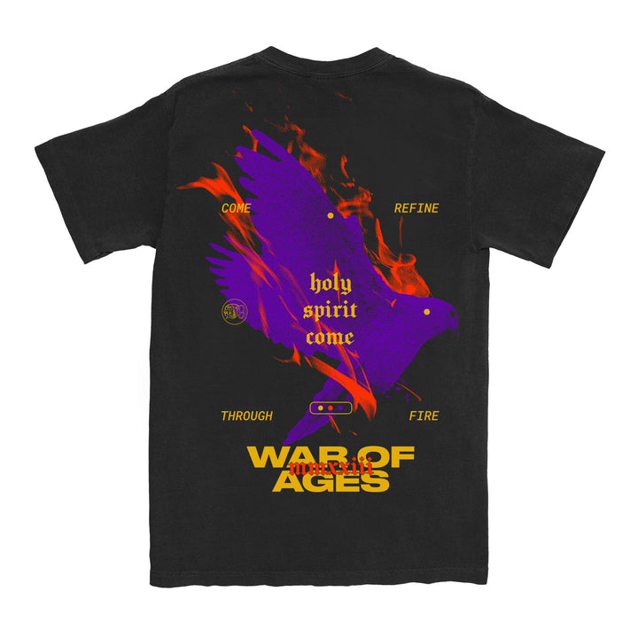 image of the back of a black tee shirt on a white background. tee has a full print of a purple bird. in yellow over the bird says holy spirit come through the fire. across the bottom says war of ages