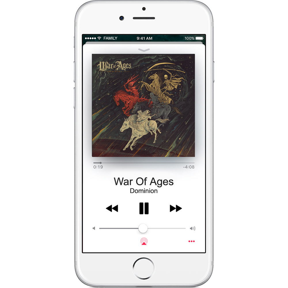 Image of an iphone with the digital version of the War Of Ages Dominion album playing. just a physical representation of the digital download