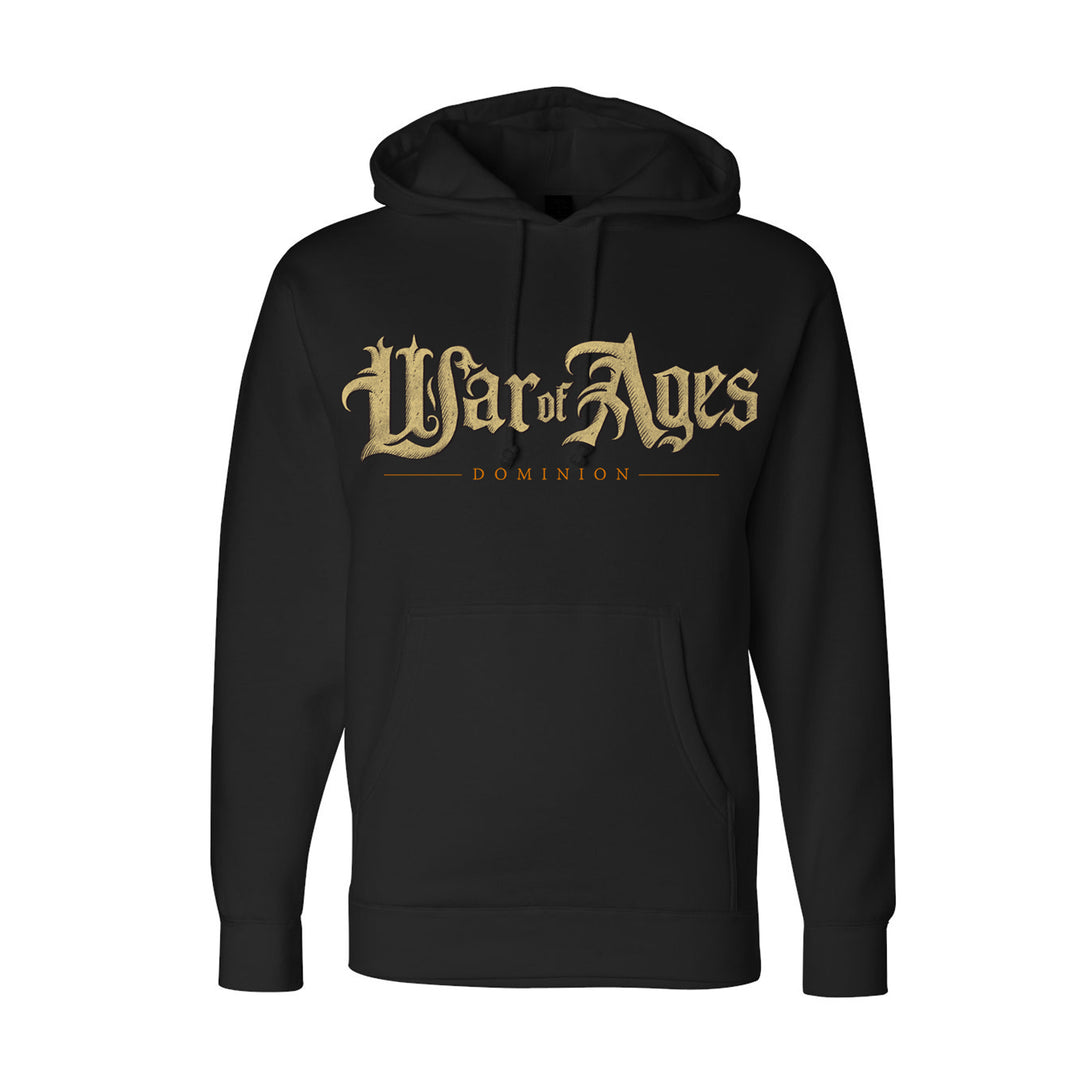 image of the front of a black pullover hoodie on a white background. hoodie has a center chest print that says war of ages dominion. 
