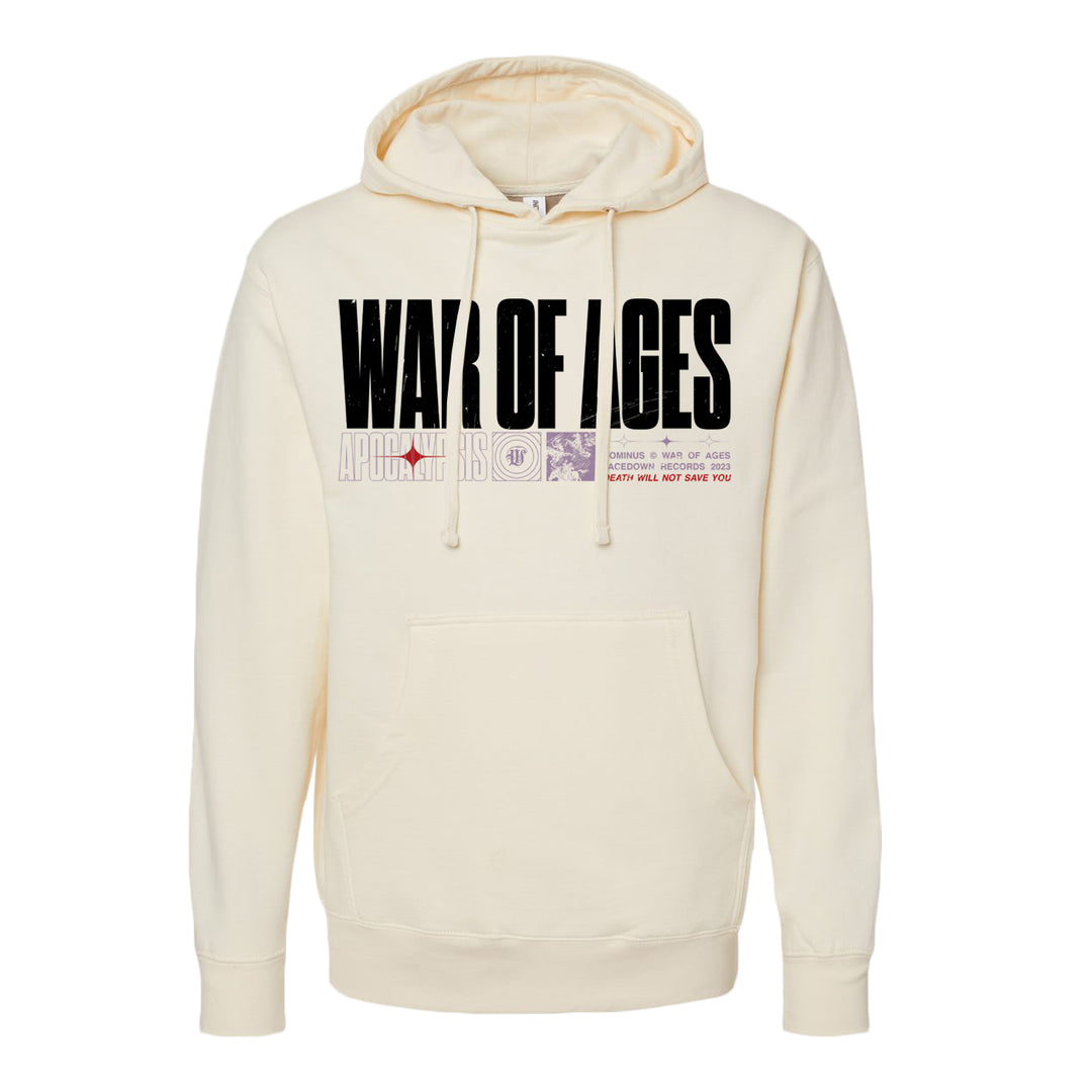 image of the front of a bone colored pullover hoodie on a white background. hoodie has a center chest printthat says war of ages.