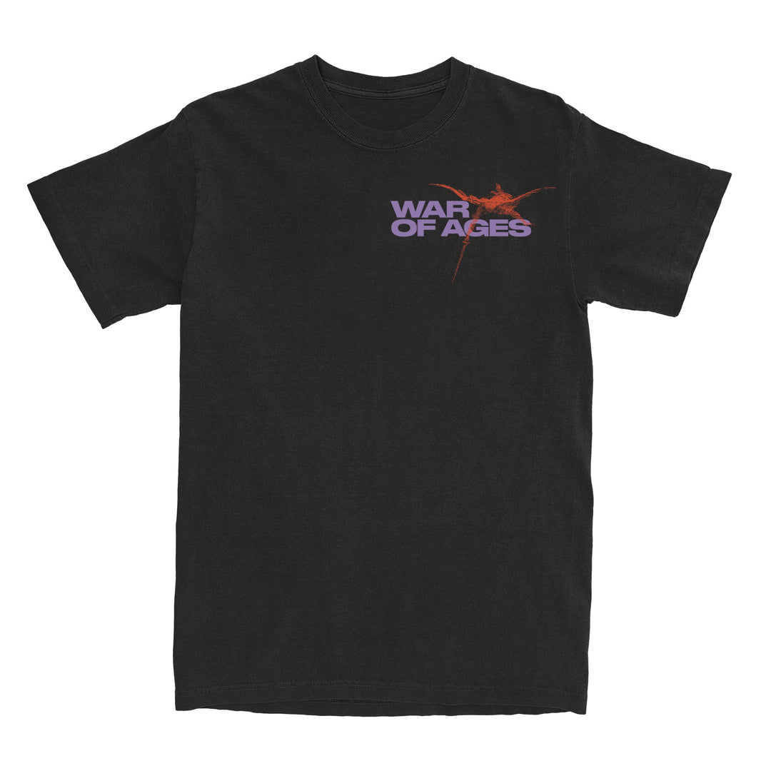 War Of Ages Thy Kingdom Black T-Shirt Front. on the left chest "War of Ages" is printed in purple text with a red figure near it.