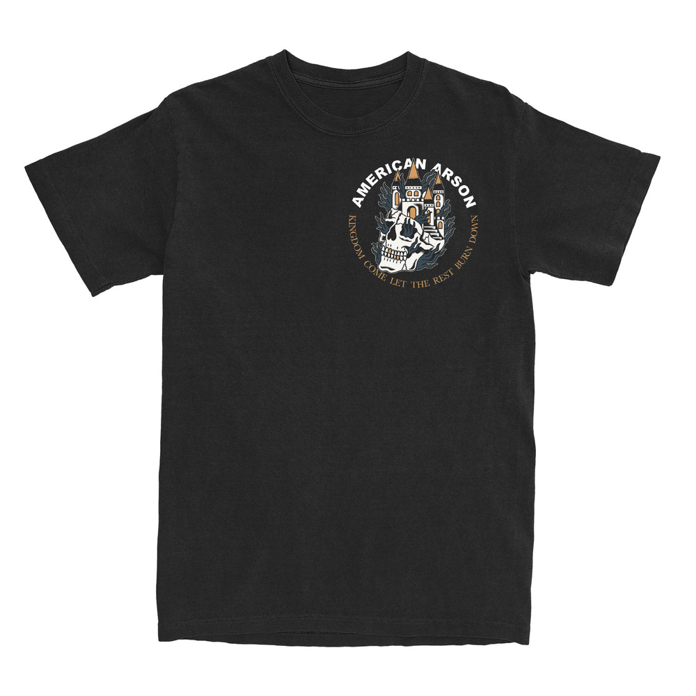 This black American Arson t-shirt displays a left-chest print of a skeleton with a lantern and scythe, AMERICAN ARSON arched above, and KINDLING CAN LIT THE REST BURN DOWN circling below in bold.