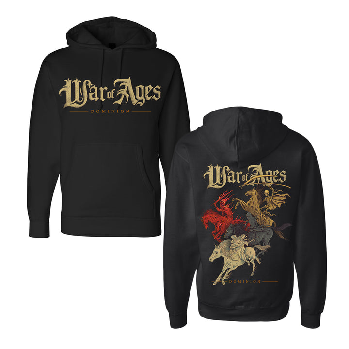 image of the front and back of a black pullover hoodie on a white background. front is on the left and has a center chest print that says war of ages dominion. the back is on the right and has a full print that says war of ages. below the text are demons and skeletons riding horses