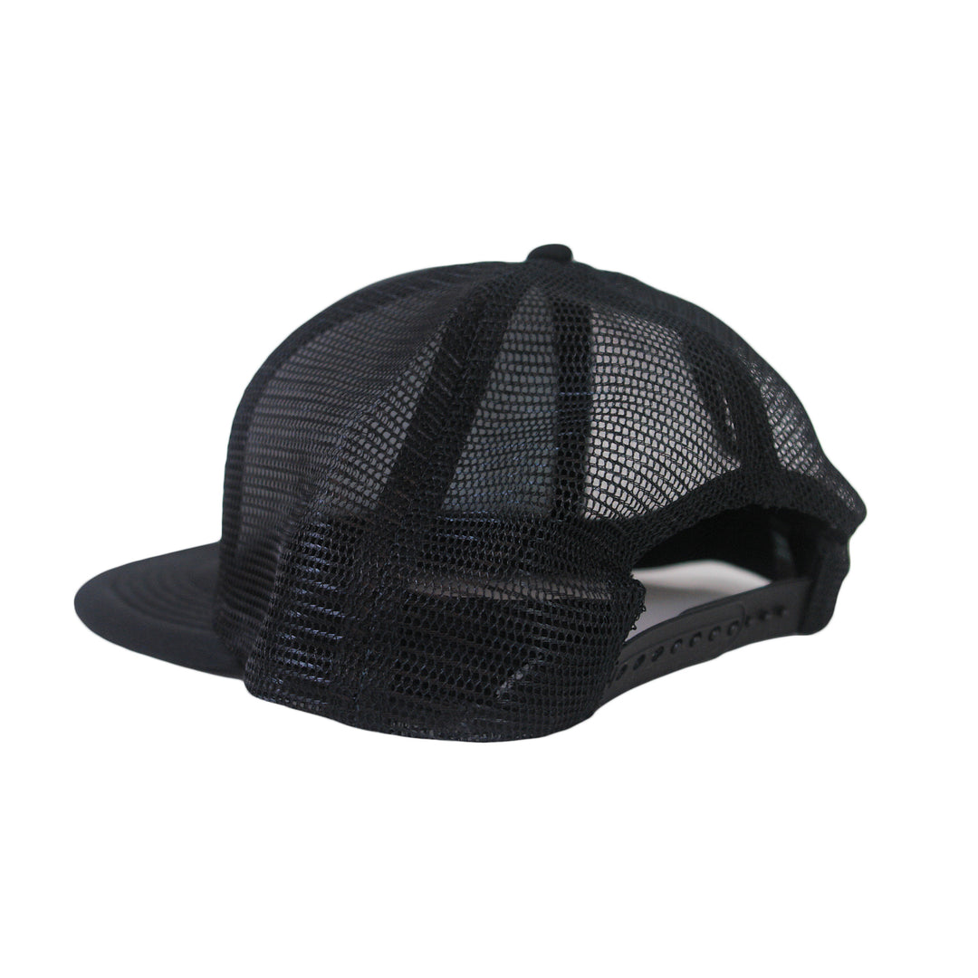 A black Sleeping Giant mesh-back hat shown from the back, featuring an adjustable snapback closure and a curved brim.