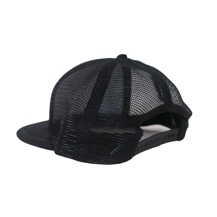 A black Sleeping Giant mesh-back hat shown from the back, featuring an adjustable snapback closure and a curved brim.