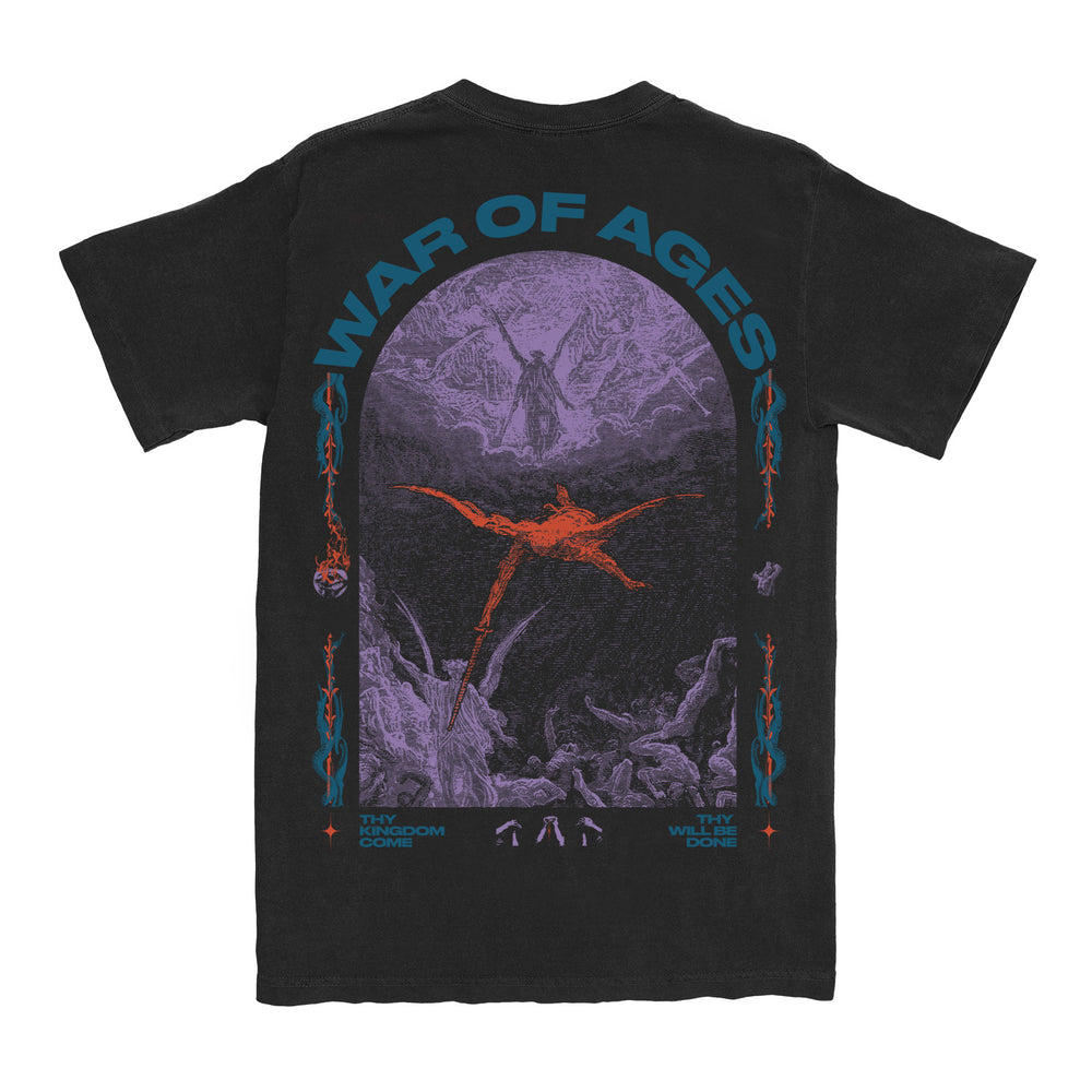 War of Ages Thy Kingdom Black t-shirt back. a somewhat biblical scene of an angel falling to earth. the text "war of ages" is above that in blue. 