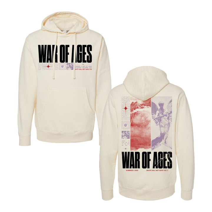 image of the front and back of a bone colored pullover hoodie. front is on the left and has a center chest printthat says war of ages. back is on the right and has a full back print with words and clouds and an angel. at the bottom says war of ages