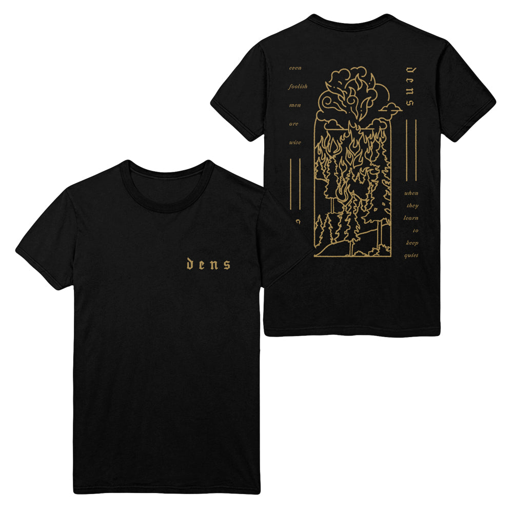 Black DENS t-shirt with small gold “dens” lettering on the front left. The back showcases a bold gold abstract design and text, including dens and Foolish Men, plus vertical lines of words along each side.