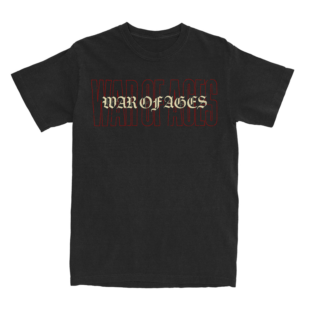image of the front of a black tee shirt on a white background. tee  has a center chest print that in cream that says war of ages. behind in an outlined red larger text says war of ages. 