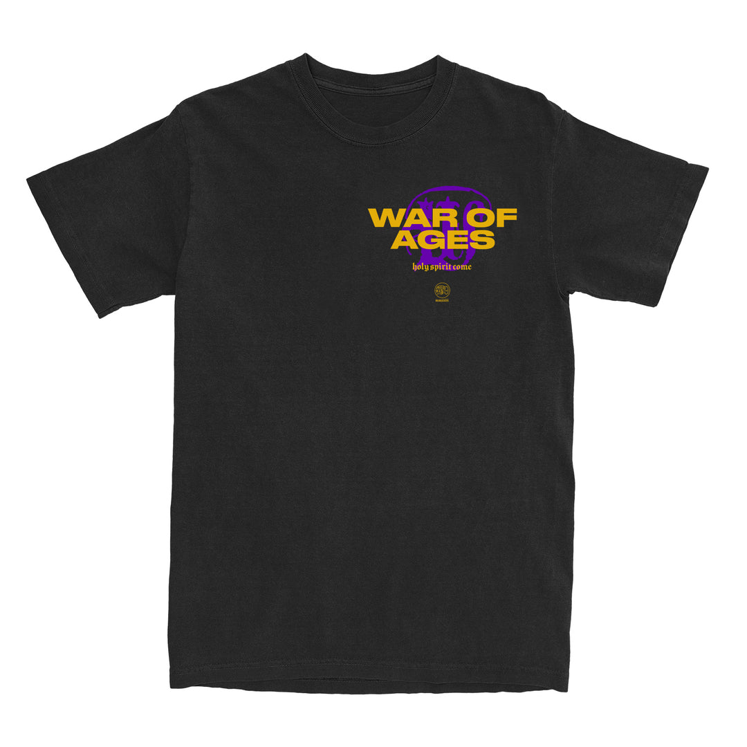image of the front of a black tee shirt on a white background. tee has a small right chest print in yellow that says war of ages. 