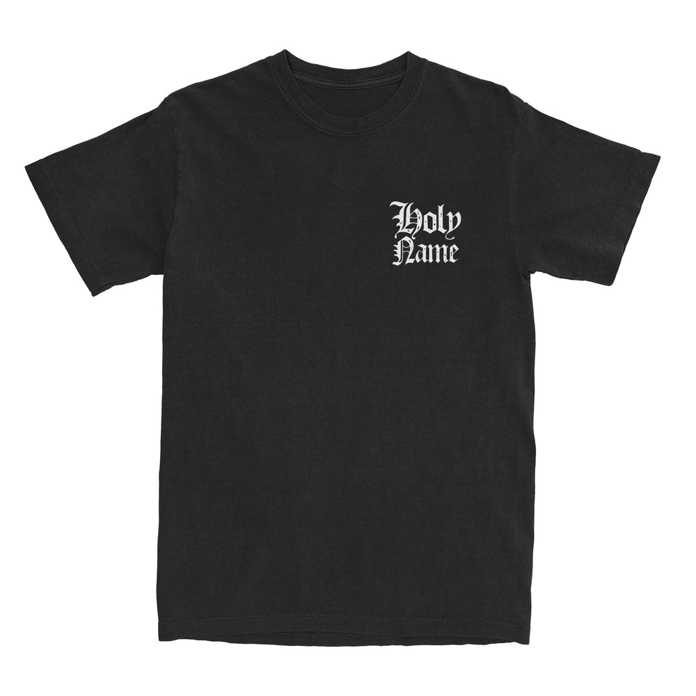 HolyName Black T-shirt with Holy Name in white Gothic lettering on the left chest, made from soft ring-spun cotton for a modern classic fit.
