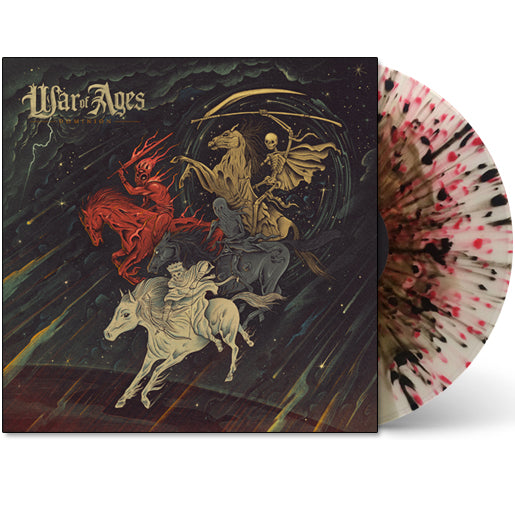 War Of Ages Dominion Vinyl LP. Artwork depicts the four horseman of the apocalypse coming for you. vinyl color is Apocalyptic splatter which is a red & black splatter on a bronze inside clear. 